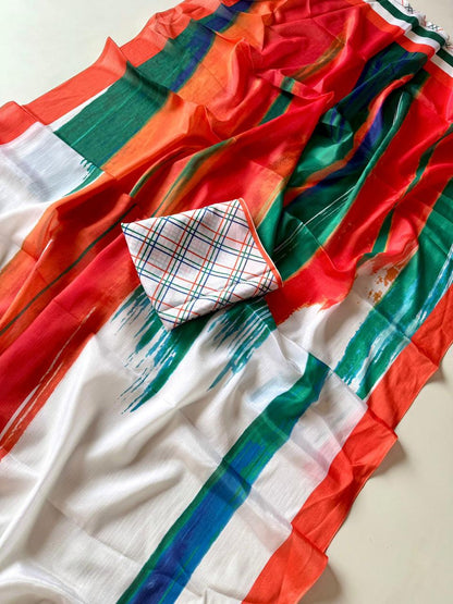 Tricolour-Inspired Soft Printed Saree with Blouse Piece