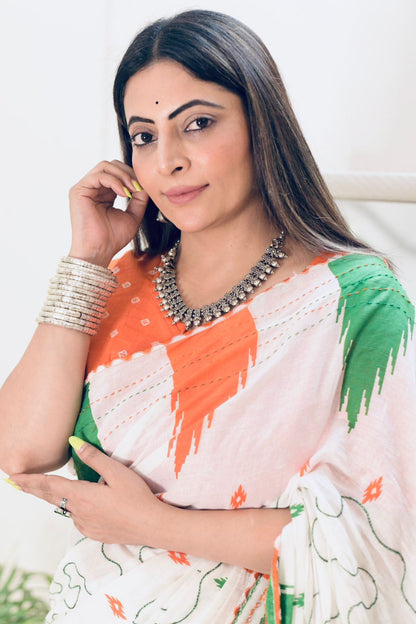 Tricolour-Inspired Soft Printed Saree with Blouse Piece