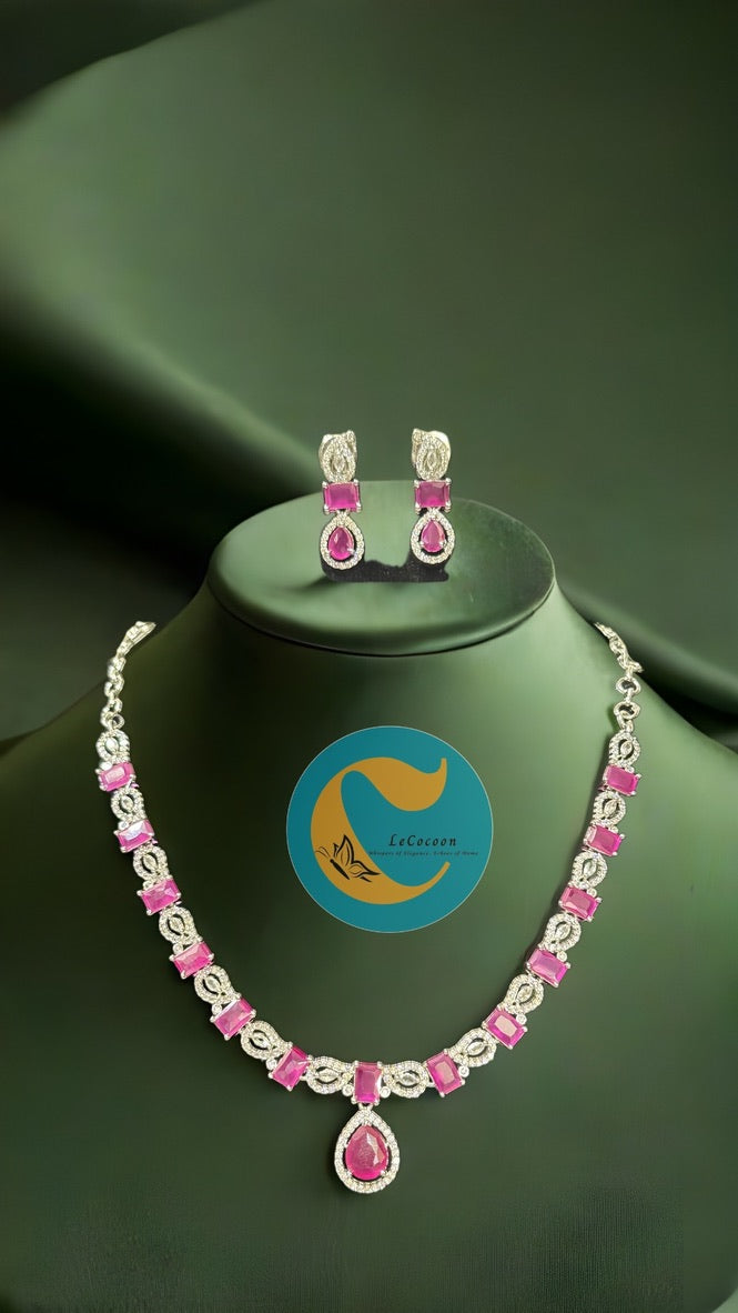 Ruby Red American Diamond Necklace Set with Earrings