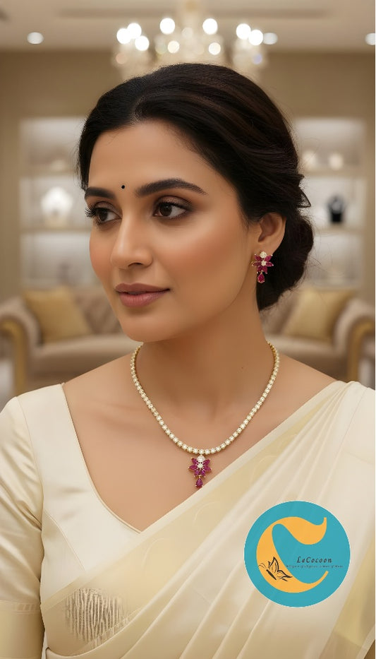 Pink Floral American Diamond Necklace Set with Earrings