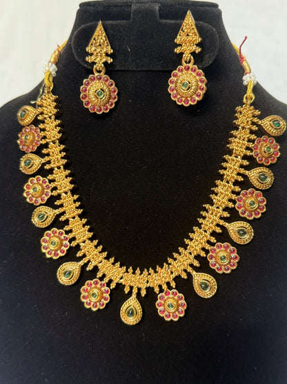 Floral Necklace Set Ruby-Green Stones