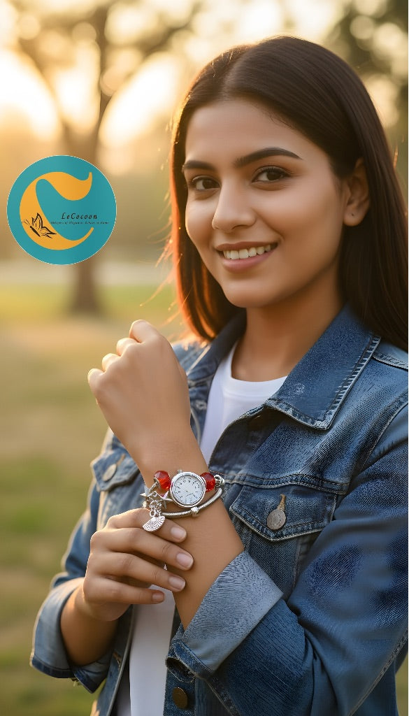 Silver Charm Bracelet Watch – Red Beads Gift Edition