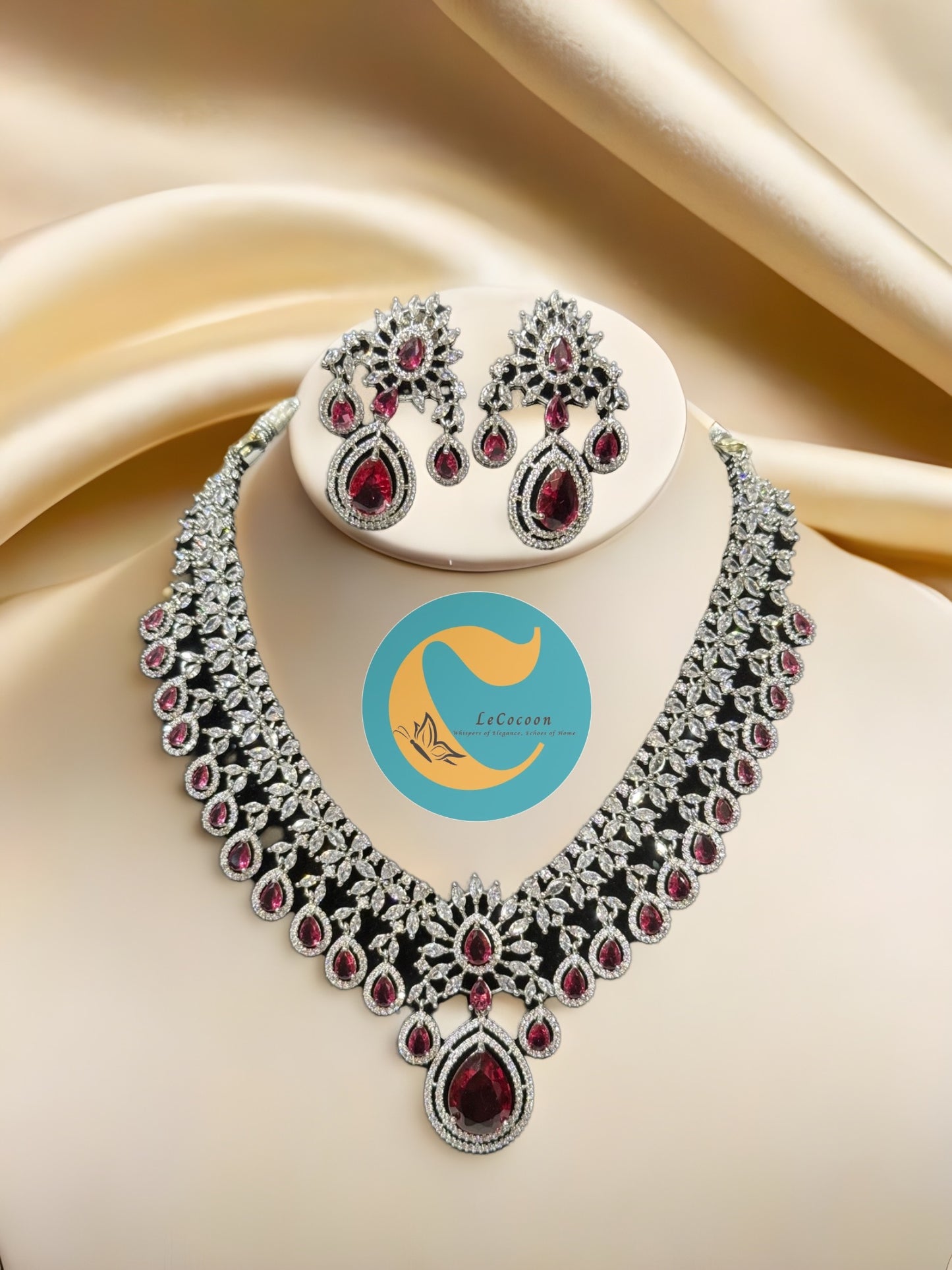 Ruby Red Bridal American Diamond Necklace Set with Earrings