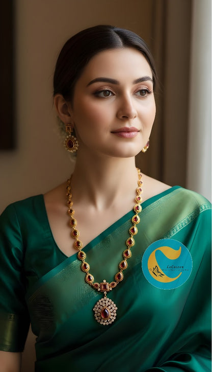 Ruby Red Pear Drop Stone Necklace Set with Earrings