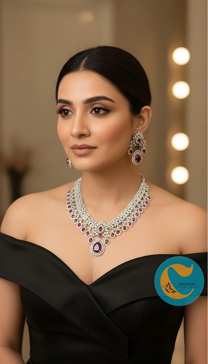 Ruby Red Bridal American Diamond Necklace Set with Earrings