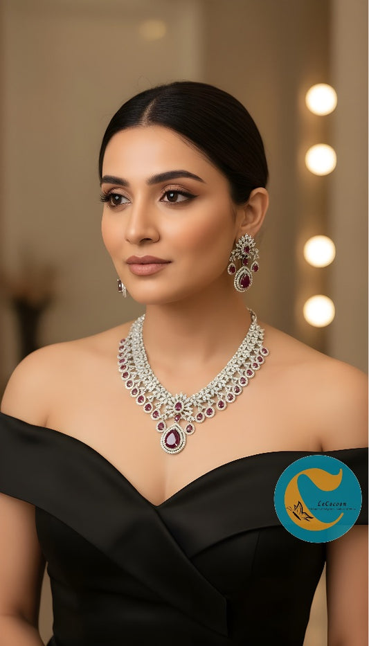 Ruby Red Bridal American Diamond Necklace Set with Earrings