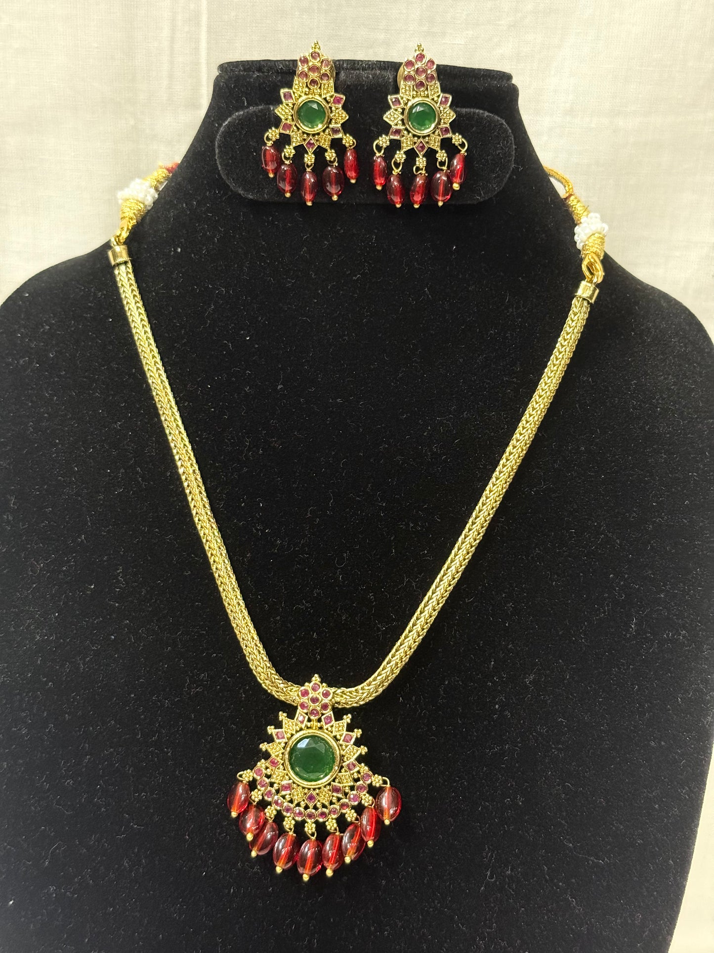 Red-Green Temple Style Necklace Set with Earrings