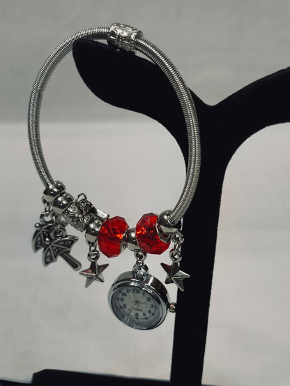 Silver Charm Bracelet Watch – Red Beads Gift Edition
