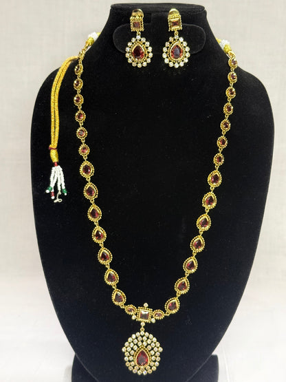 Ruby Red Pear Drop Stone Necklace Set with Earrings