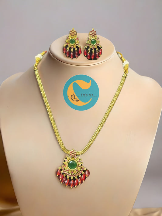 Red-Green Temple Style Necklace Set with Earrings