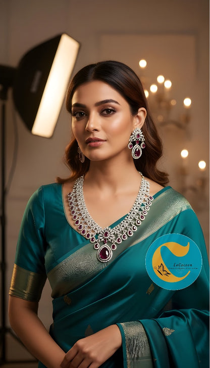 Ruby Red Bridal American Diamond Necklace Set with Earrings