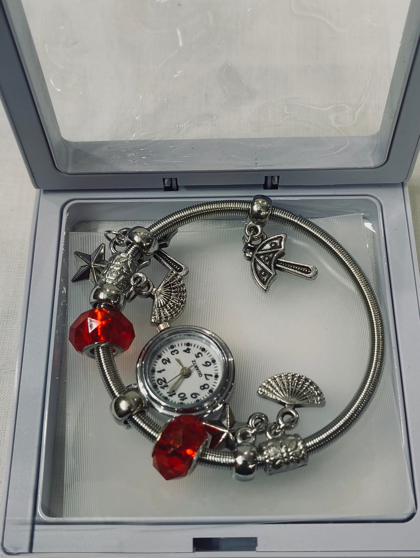 Silver Charm Bracelet Watch – Red Beads Gift Edition