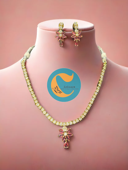 Pink Floral American Diamond Necklace Set with Earrings