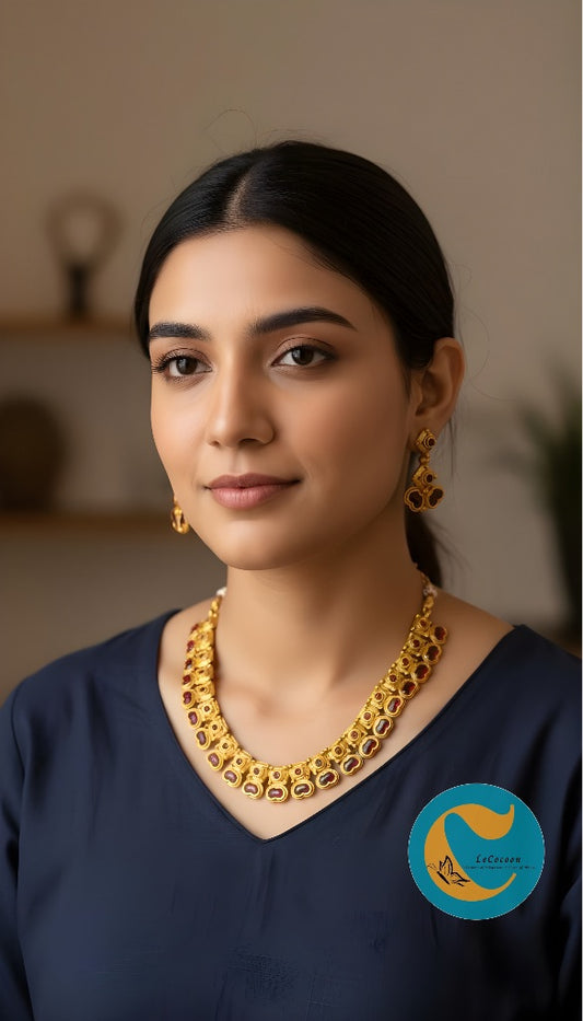 Traditional Kemp Stone Necklace Set with Earrings Ruby Red