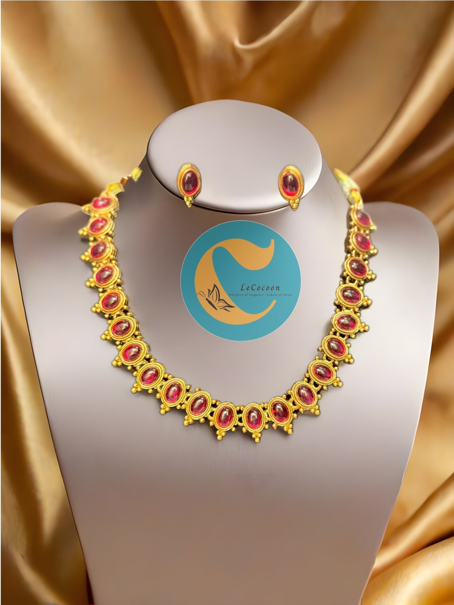 Classic Cabochon Choker Necklace Set with Earrings RubyRed