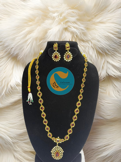 Ruby Red Pear Drop Stone Necklace Set with Earrings