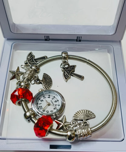 Silver Charm Bracelet Watch – Red Beads Gift Edition