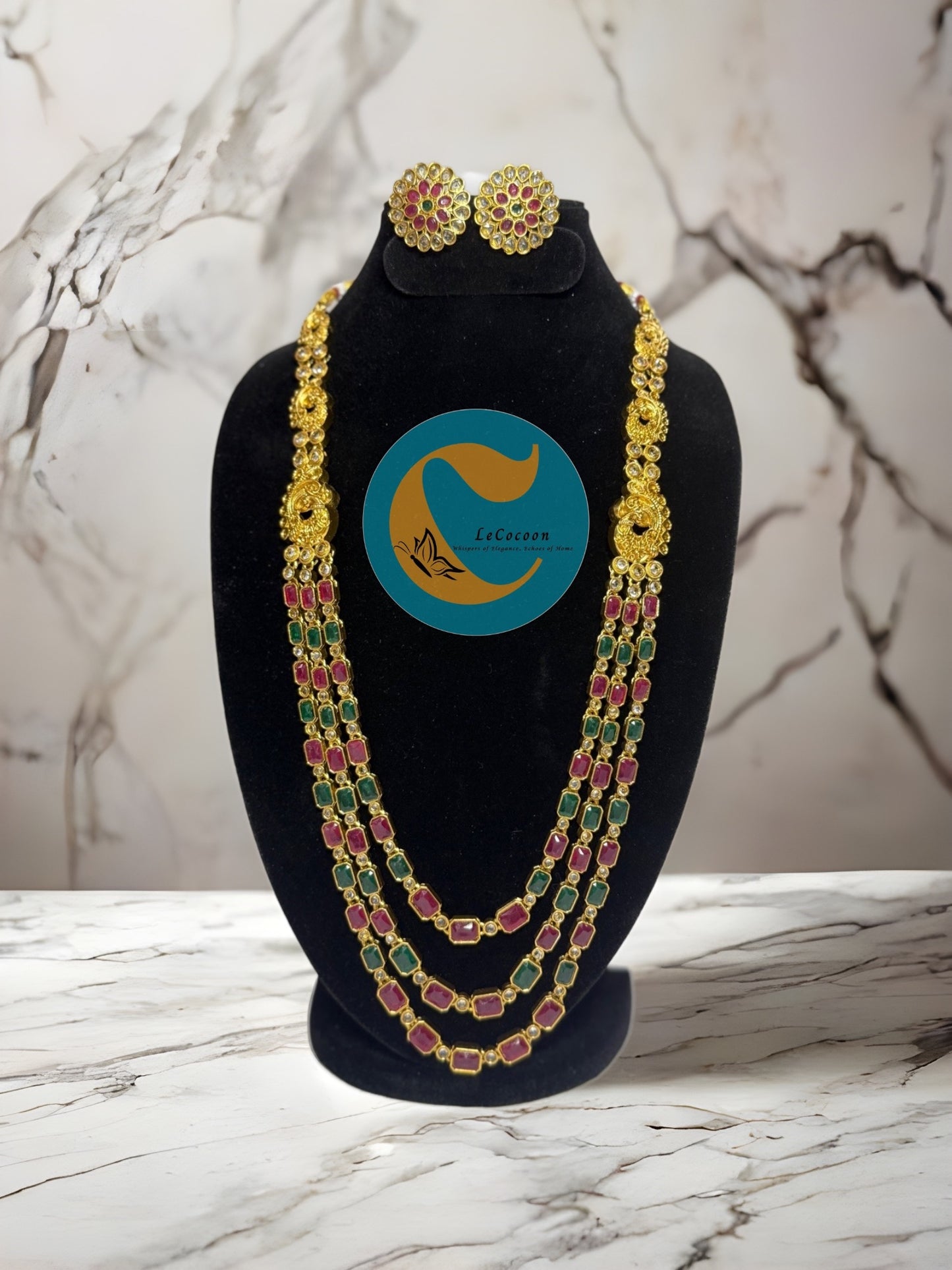 Traditional Kundan Long Layered Necklace Set with Earrings Green RubyRed