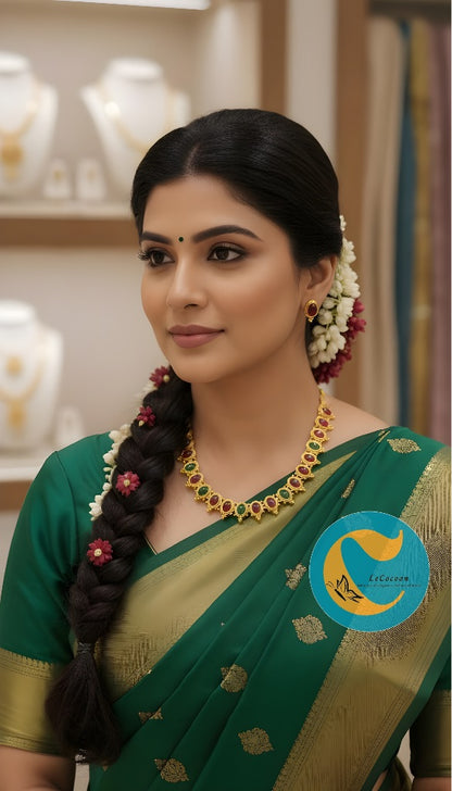 Classic Cabochon Choker Necklace Set with Earrings Dual Tone Red-Green