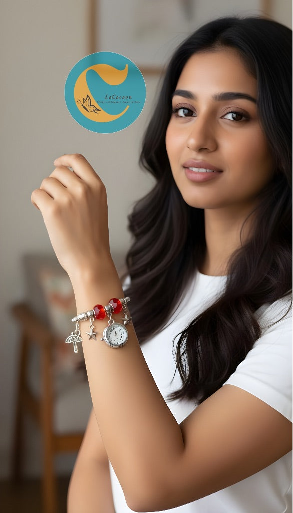 Silver Charm Bracelet Watch – Red Beads Gift Edition