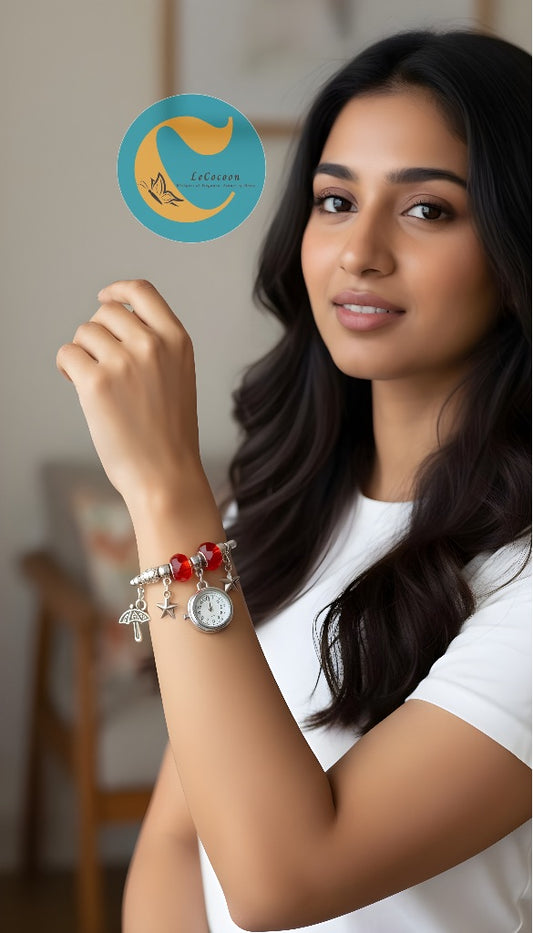 Silver Charm Bracelet Watch – Red Beads Gift Edition