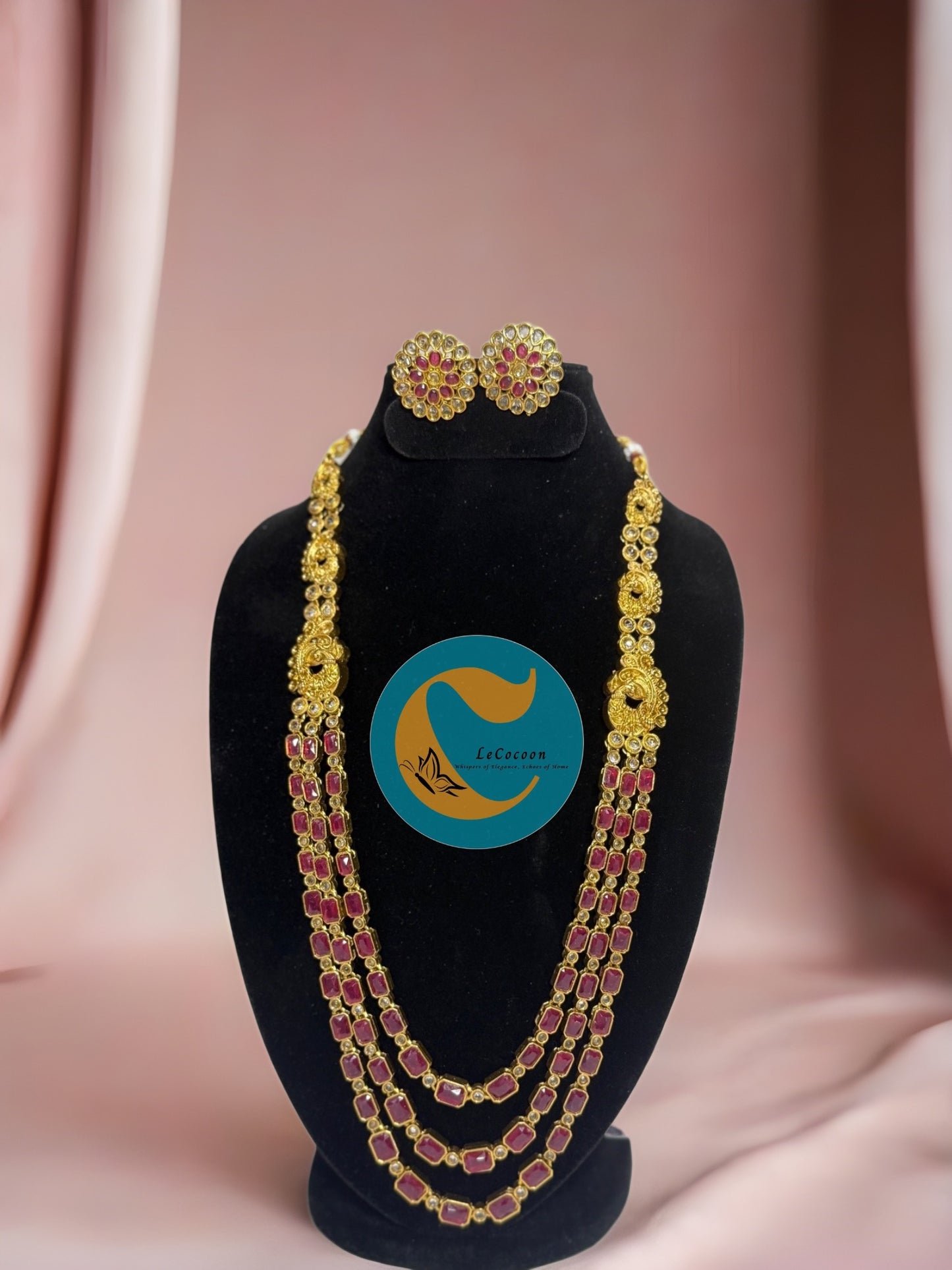 Traditional Kundan Long Layered Necklace Set with Earrings RubyRed