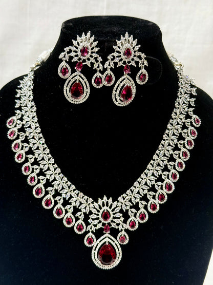 Ruby Red Bridal American Diamond Necklace Set with Earrings