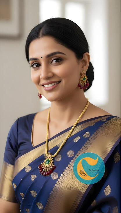 Red-Green Temple Style Necklace Set with Earrings