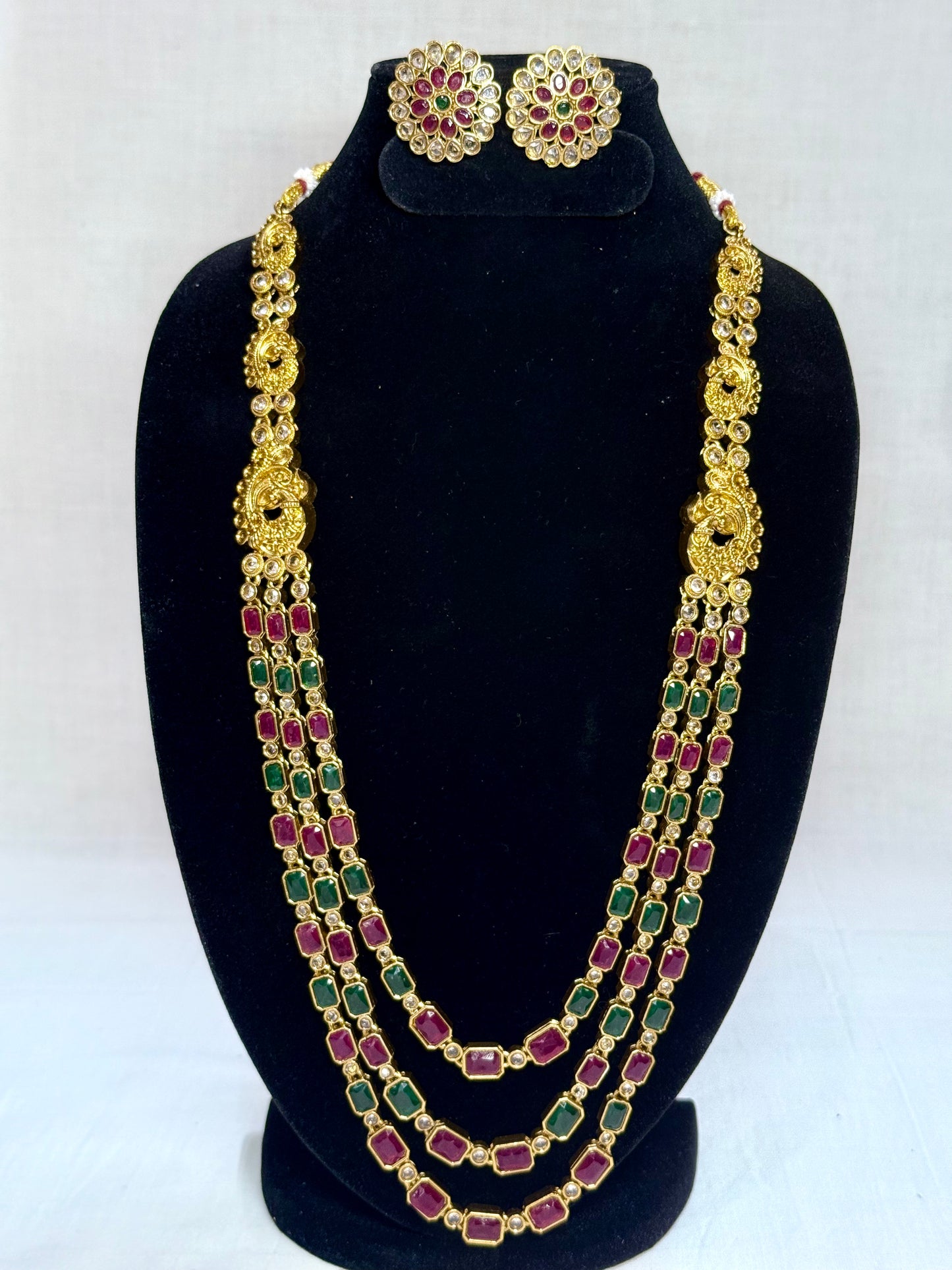 Traditional Kundan Long Layered Necklace Set with Earrings Green RubyRed