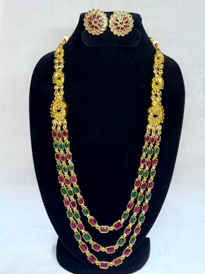 Traditional Kundan Long Layered Necklace Set with Earrings Green RubyRed