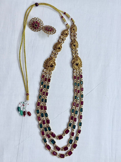 Traditional Kundan Long Layered Necklace Set with Earrings Green RubyRed