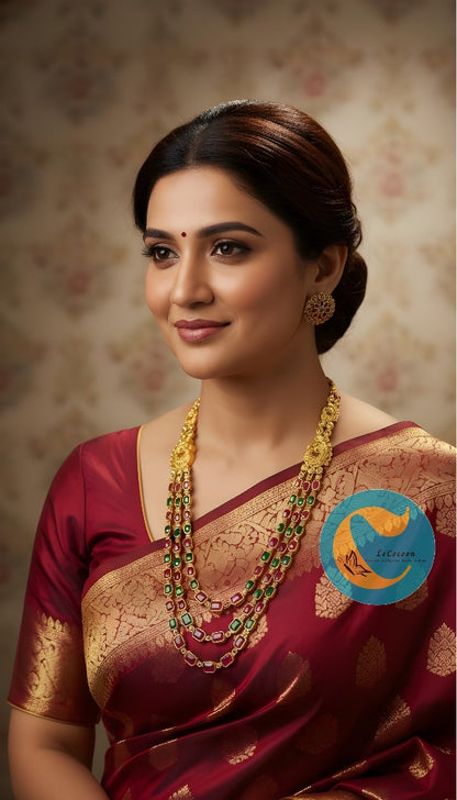 Traditional Kundan Long Layered Necklace Set with Earrings Green RubyRed