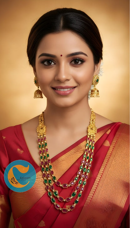 Traditional Kundan Long Layered Necklace Set with Earrings Green RubyRed