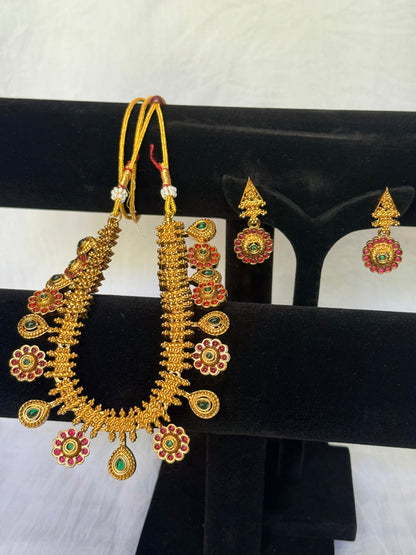 Floral Necklace Set Ruby-Green Stones