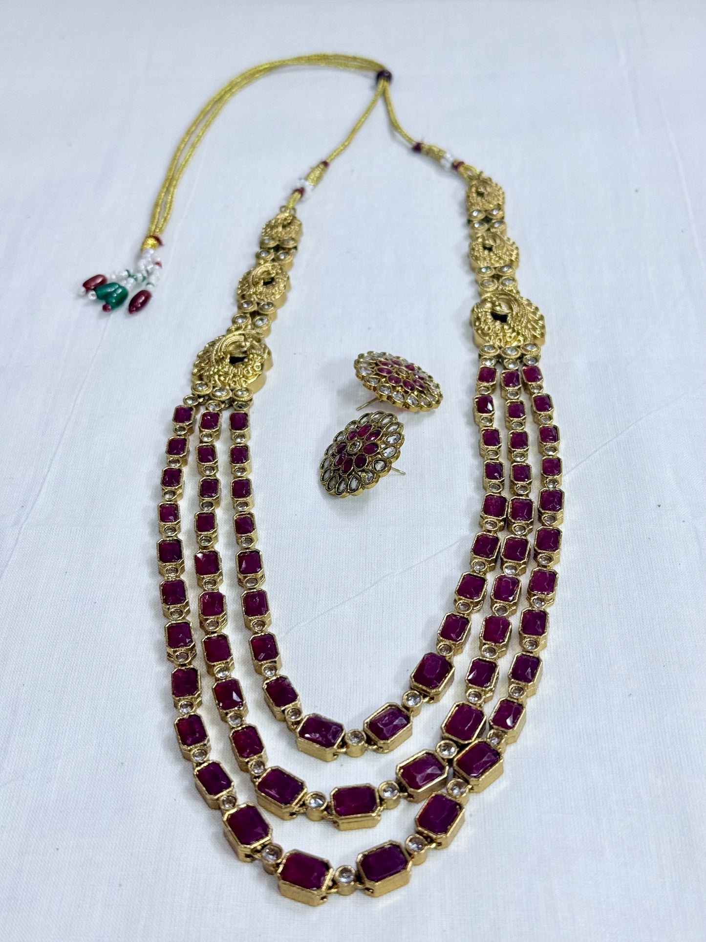 Traditional Kundan Long Layered Necklace Set with Earrings RubyRed