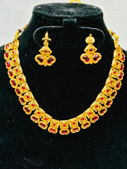 Traditional Kemp Stone Necklace Set with Earrings Ruby Red