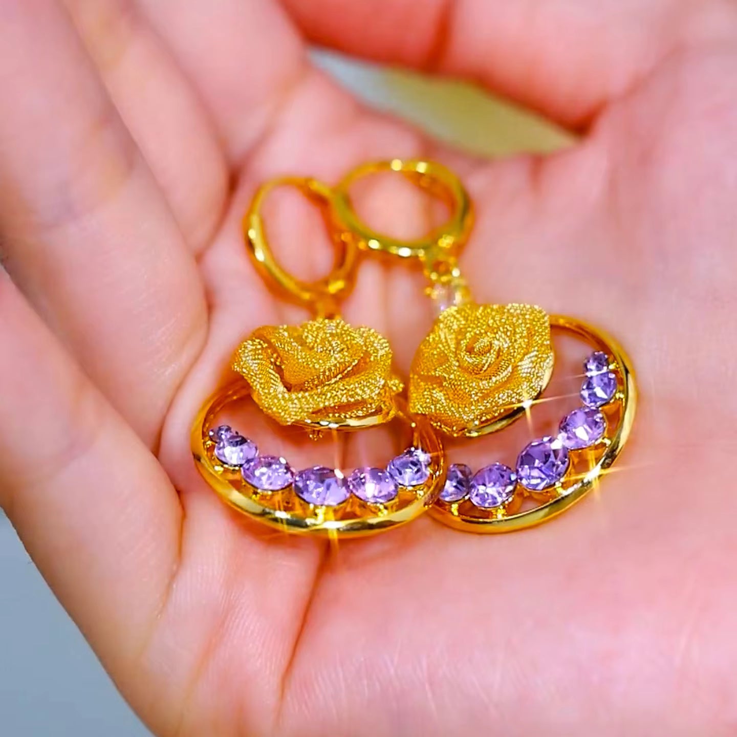 Gold Plated Hollow Metal Mesh 3D Rose Flower Hoop Earrings