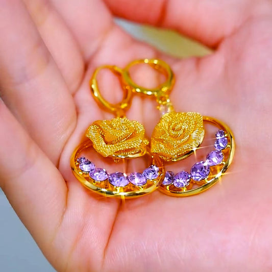 Gold Plated Hollow Metal Mesh 3D Rose Flower Hoop Earrings