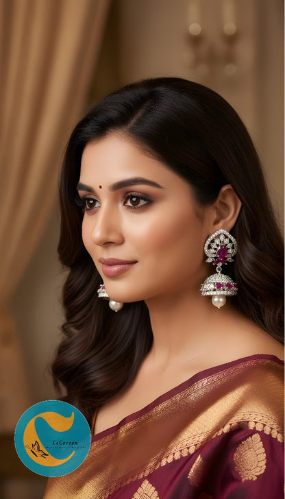 Floral Ruby Pearl Drop Earrings | Diamond Finish CZ Jewellery