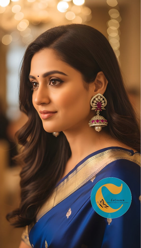 Floral Ruby Pearl Drop Earrings | Diamond Finish CZ Jewellery