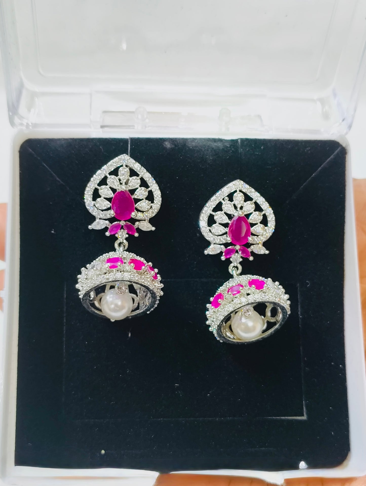 Floral Ruby Pearl Drop Earrings | Diamond Finish CZ Jewellery