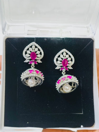 Floral Ruby Pearl Drop Earrings | Diamond Finish CZ Jewellery