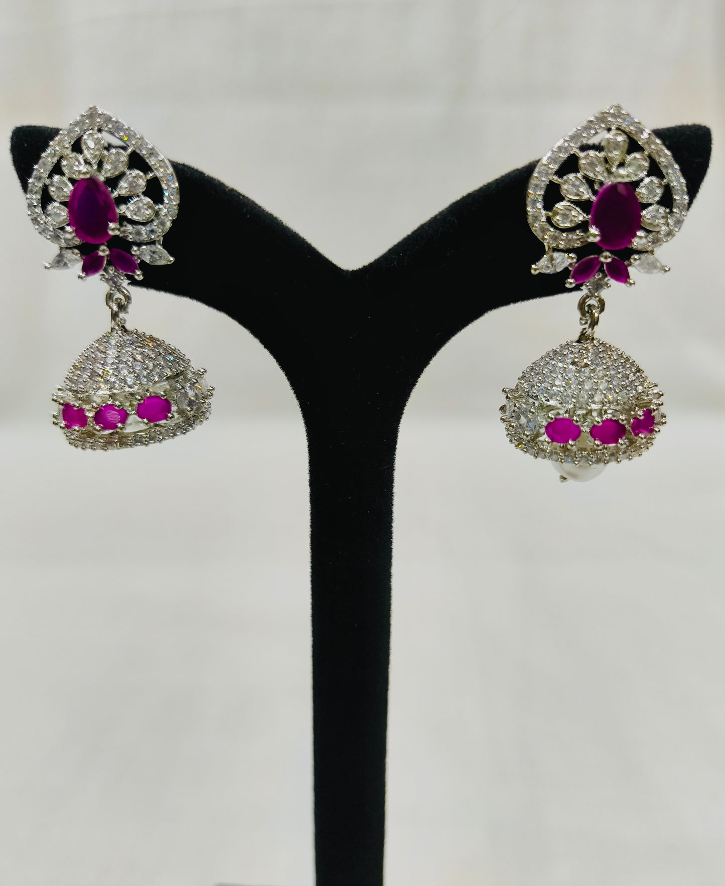 Floral Ruby Pearl Drop Earrings | Diamond Finish CZ Jewellery
