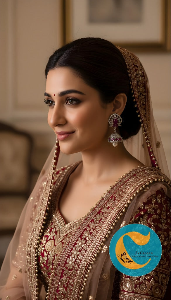 Floral Ruby Pearl Drop Earrings | Diamond Finish CZ Jewellery