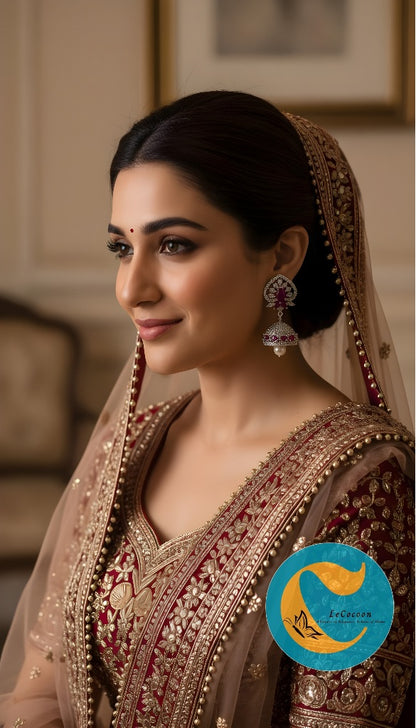 Floral Ruby Pearl Drop Earrings | Diamond Finish CZ Jewellery