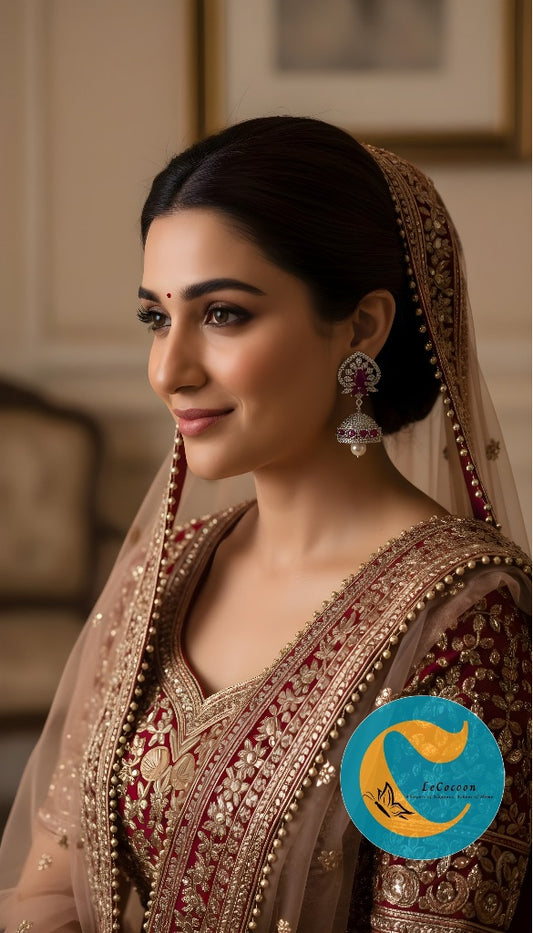 Floral Ruby Pearl Drop Earrings | Diamond Finish CZ Jewellery