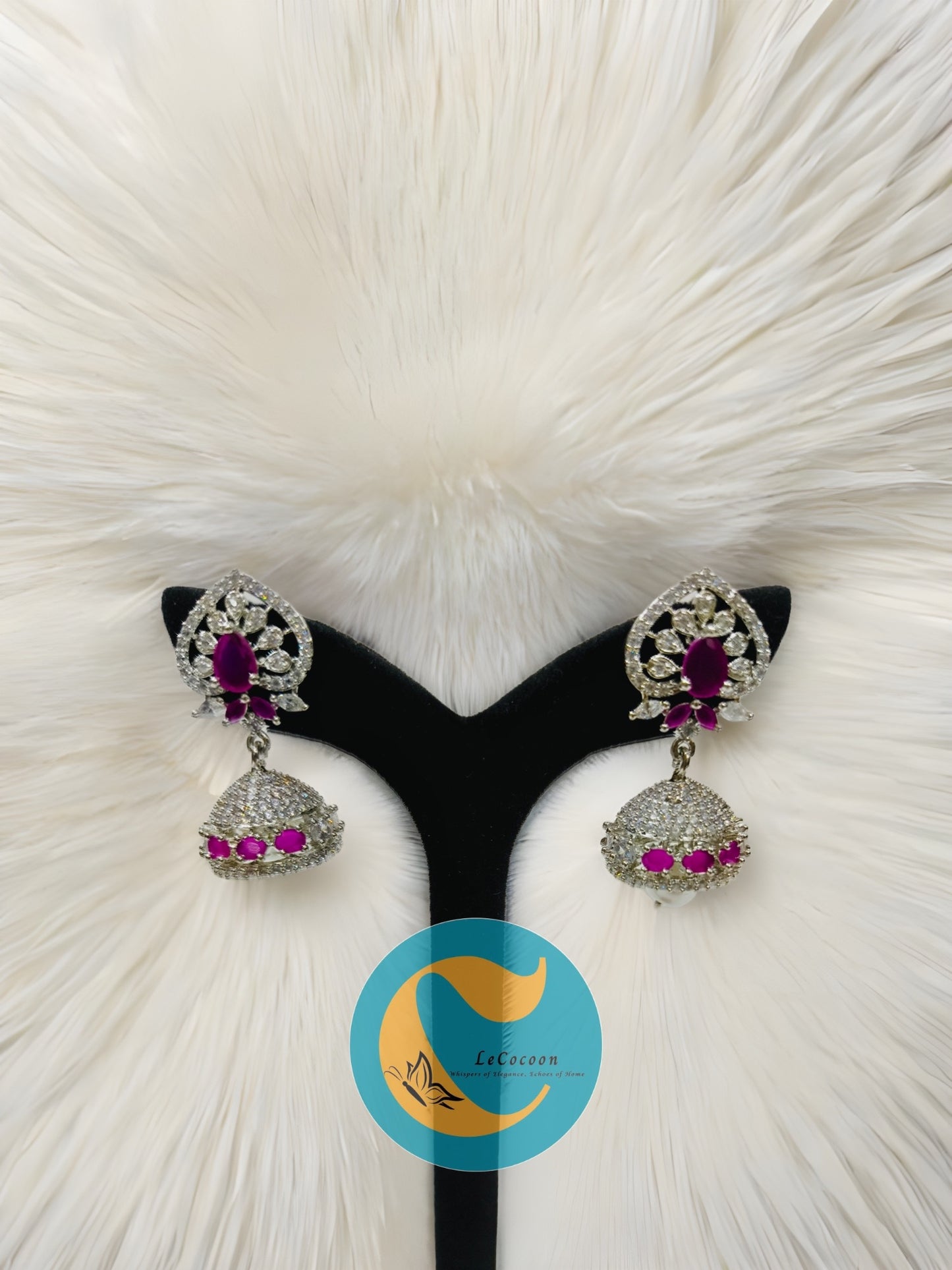 Floral Ruby Pearl Drop Earrings | Diamond Finish CZ Jewellery