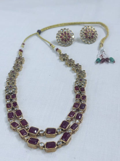 Floral Dual-Layer Stone Necklace Set with Stud Earrings Ruby Red