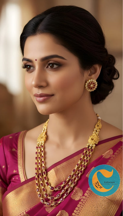 Traditional Kundan Long Layered Necklace Set with Earrings RubyRed