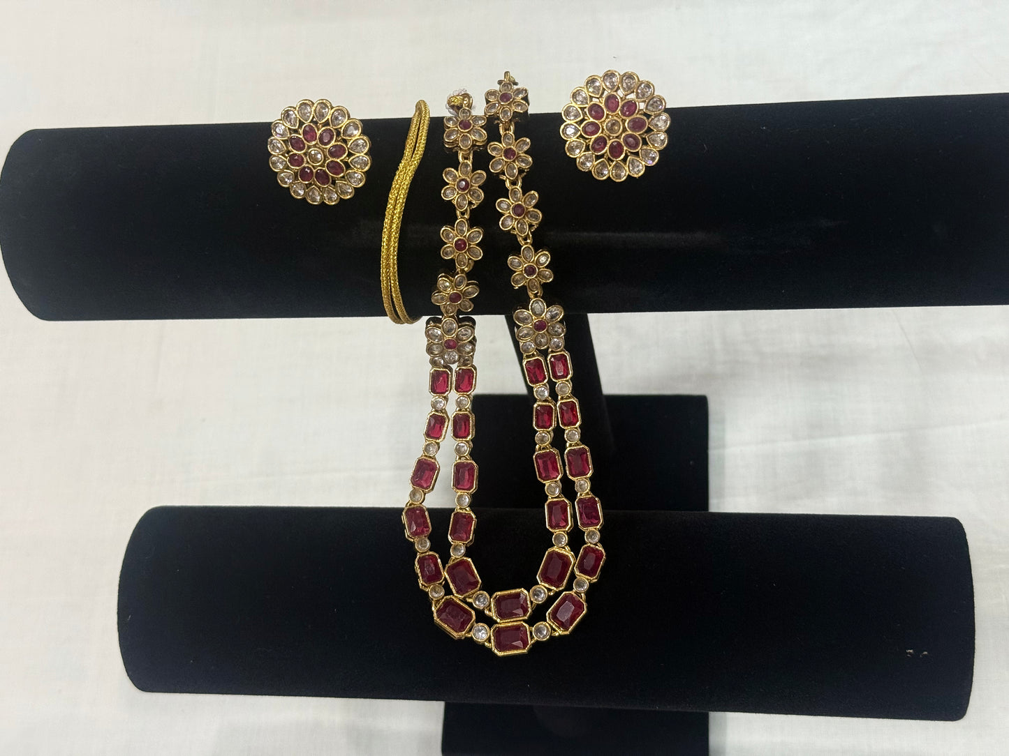 Floral Dual-Layer Stone Necklace Set with Stud Earrings Ruby Red